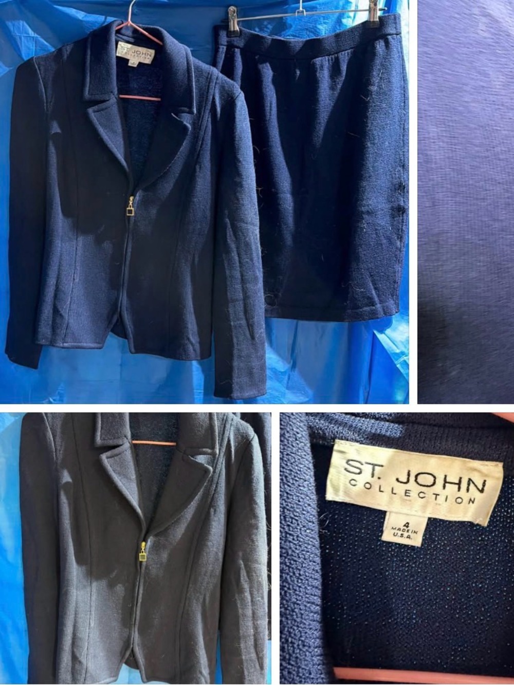 St. John Collection Navy Knit Zip-Up Sweater with Gold Hardware